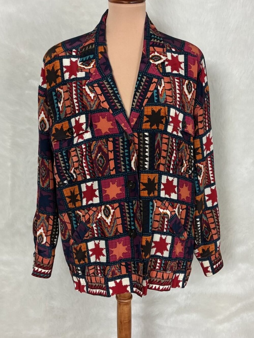 Rodier Vintage 80s 90s Red, Blue Patchwork Tribal Silk Button Front Jacket 4